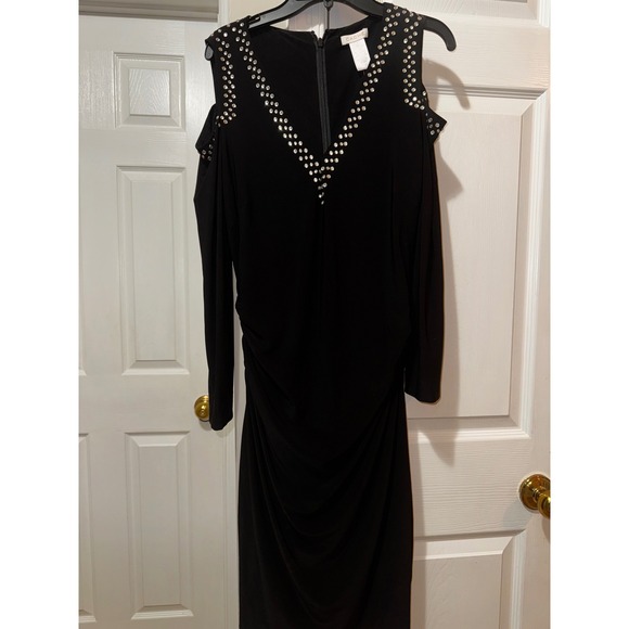 Cache‎ Black Rhinestone Cold Shoulder Ruched Long Sleeve Cocktail Dress - Picture 4 of 11